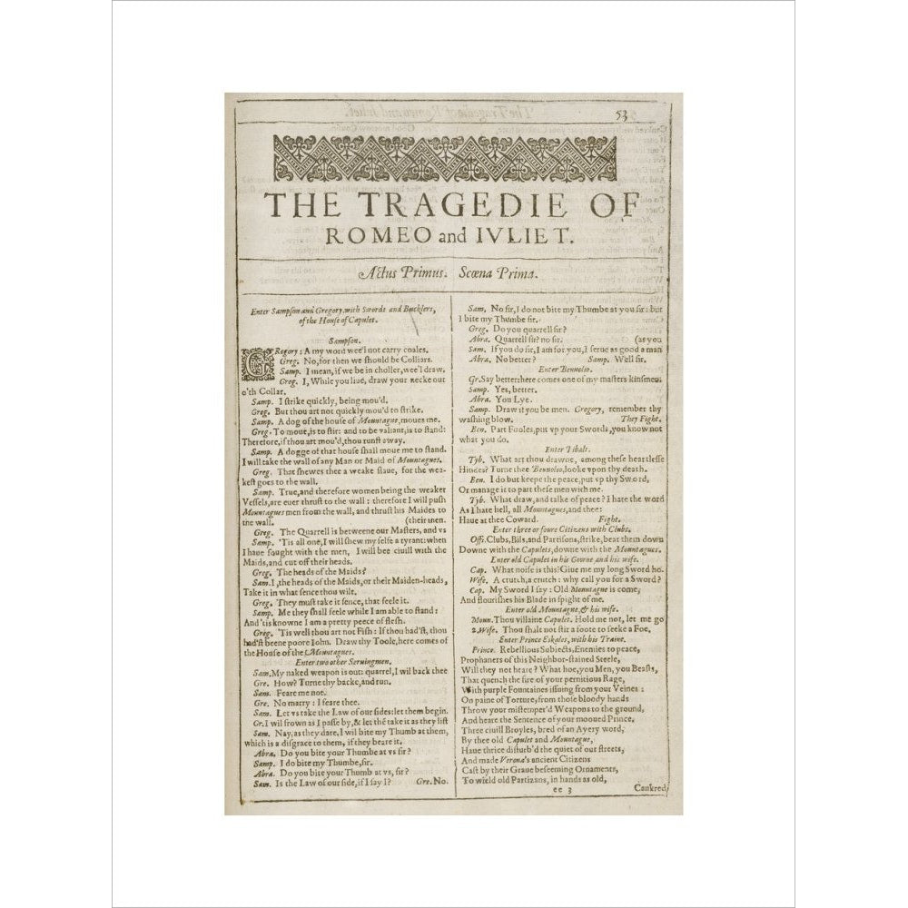 Romeo and Juliet Shakespeare's First Folio title page print unframed