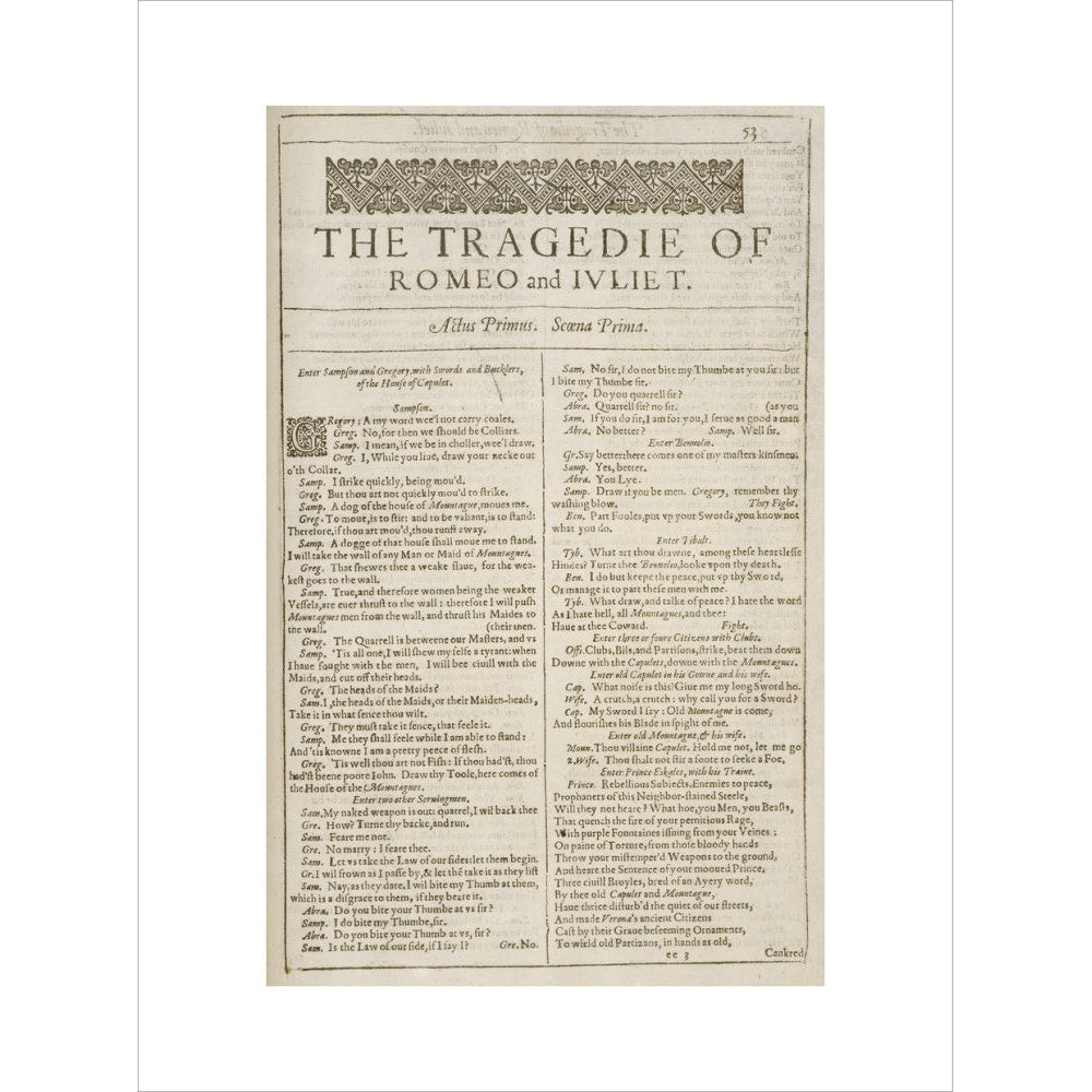 Romeo and Juliet Shakespeare's First Folio title page print unframed
