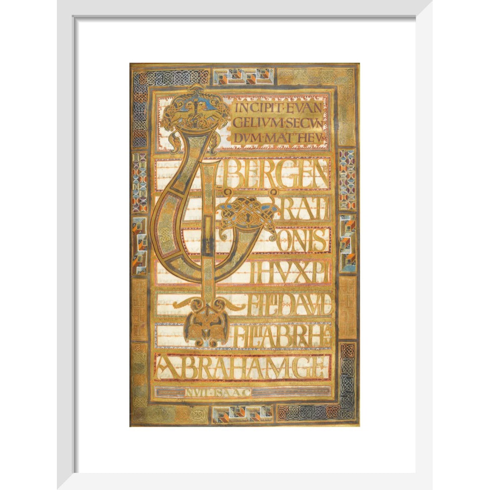 Beginning of the Gospel of St Matthew, from the Harley Golden Gospels print in white frame
