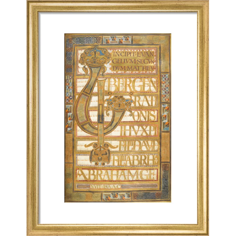 Beginning of the Gospel of St Matthew, from the Harley Golden Gospels print in gold frame