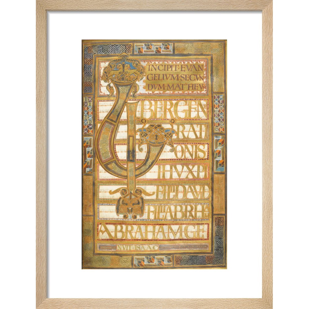Beginning of the Gospel of St Matthew, from the Harley Golden Gospels print in natural frame