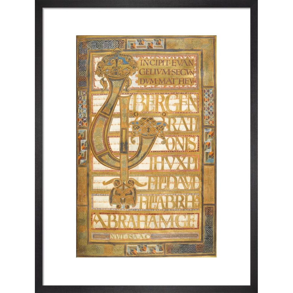 Beginning of the Gospel of St Matthew, from the Harley Golden Gospels print in black frame