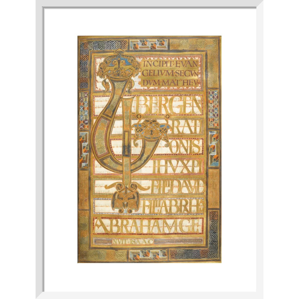 Beginning of the Gospel of St Matthew, from the Harley Golden Gospels print in white frame