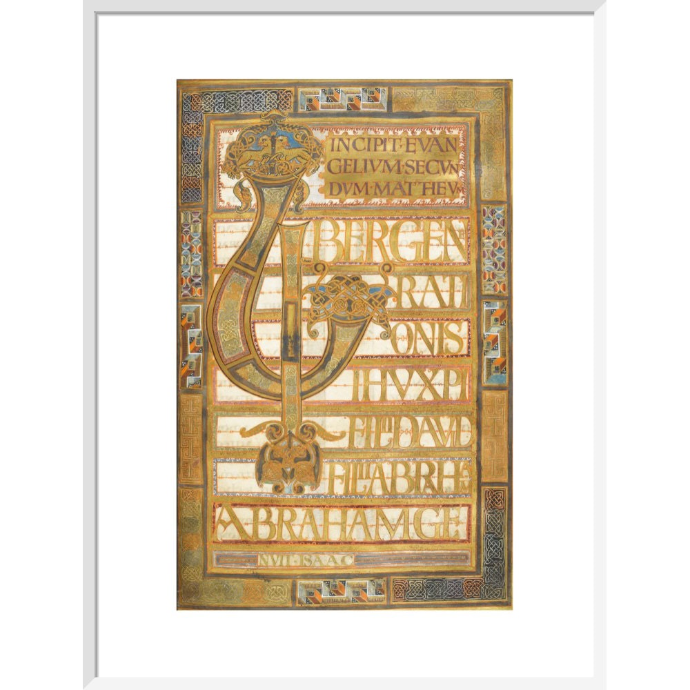 Beginning of the Gospel of St Matthew, from the Harley Golden Gospels print in white frame