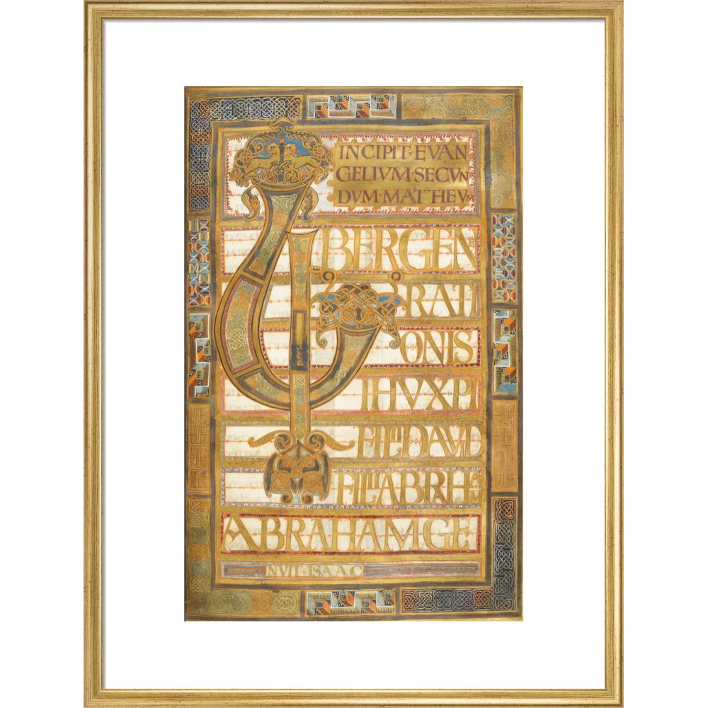Beginning of the Gospel of St Matthew, from the Harley Golden Gospels print in gold frame