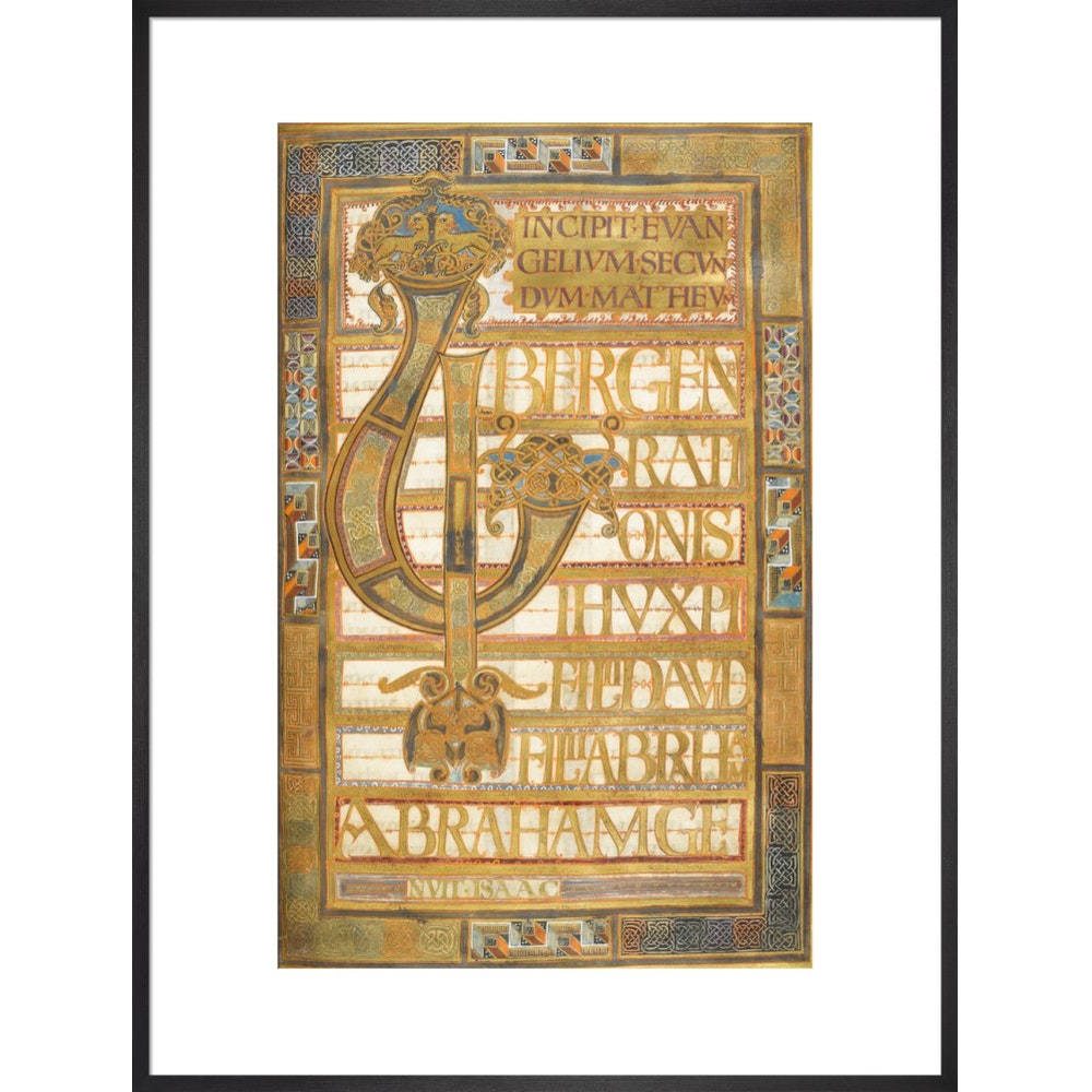 Beginning of the Gospel of St Matthew, from the Harley Golden Gospels print in black frame
