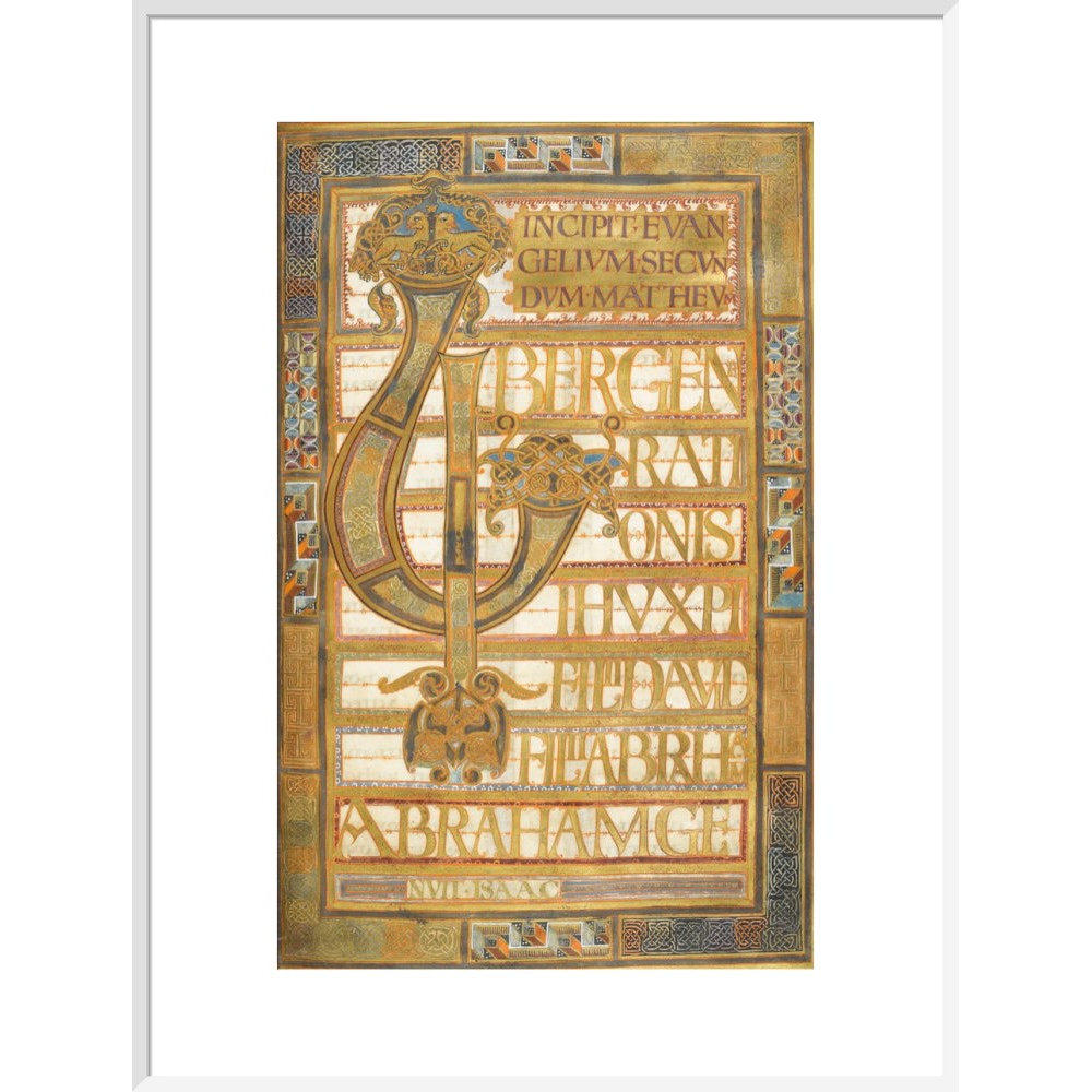 Beginning of the Gospel of St Matthew, from the Harley Golden Gospels print in white frame