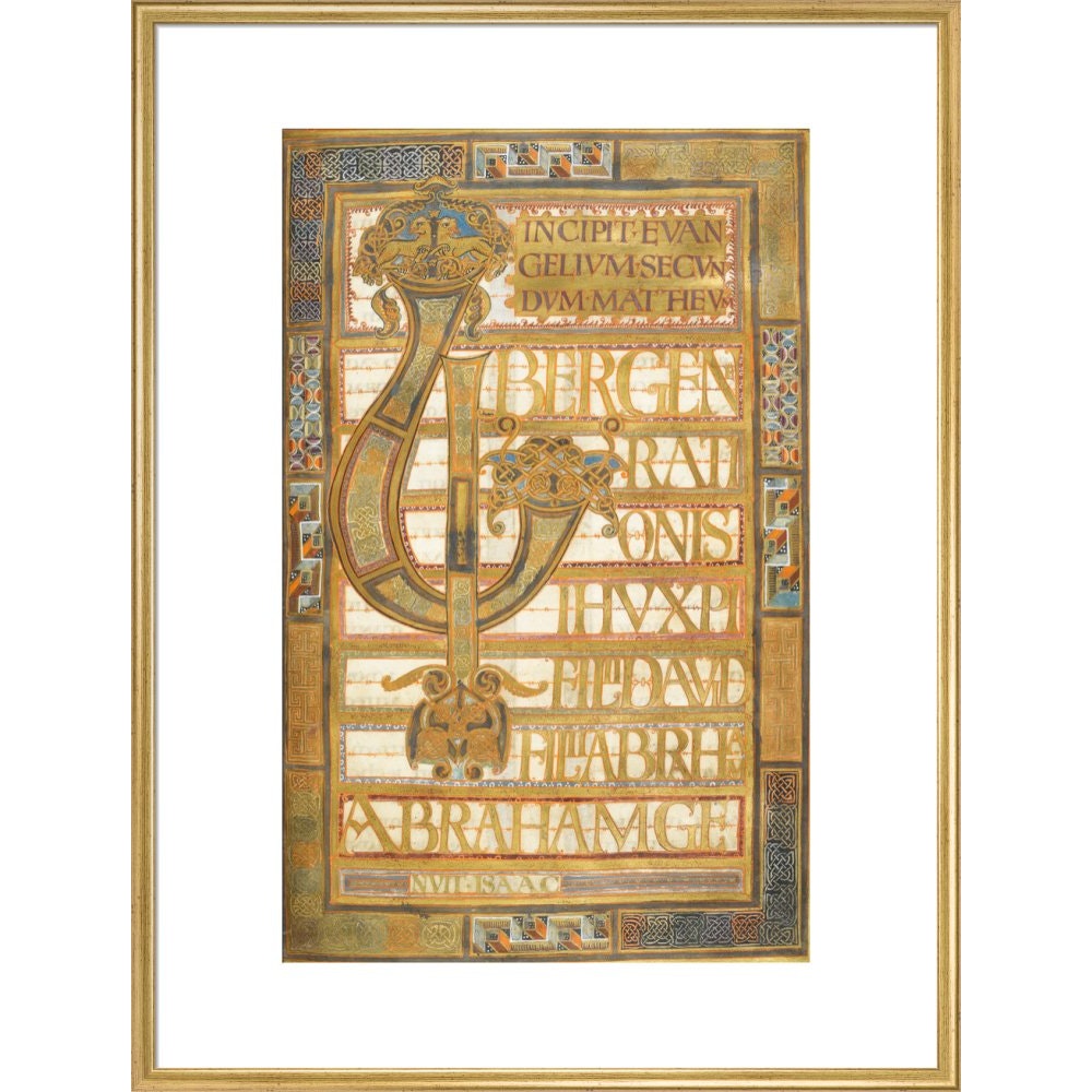 Beginning of the Gospel of St Matthew, from the Harley Golden Gospels print in gold frame