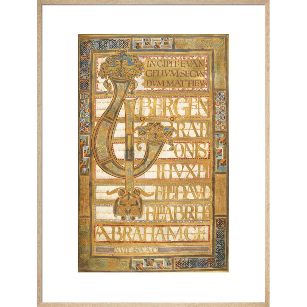 Beginning of the Gospel of St Matthew, from the Harley Golden Gospels print in natural frame