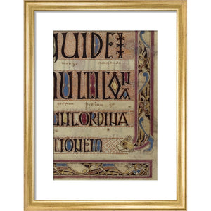 Detail of a cat, from a page of the Lindisfarne Gospels print in gold frame