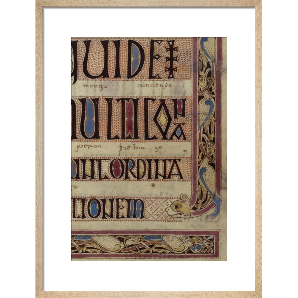 Detail of a cat, from a page of the Lindisfarne Gospels print in natural frame