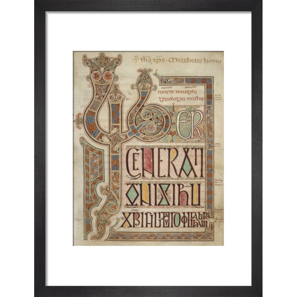 Incipit page of St. Matthew's Gospel print in black frame