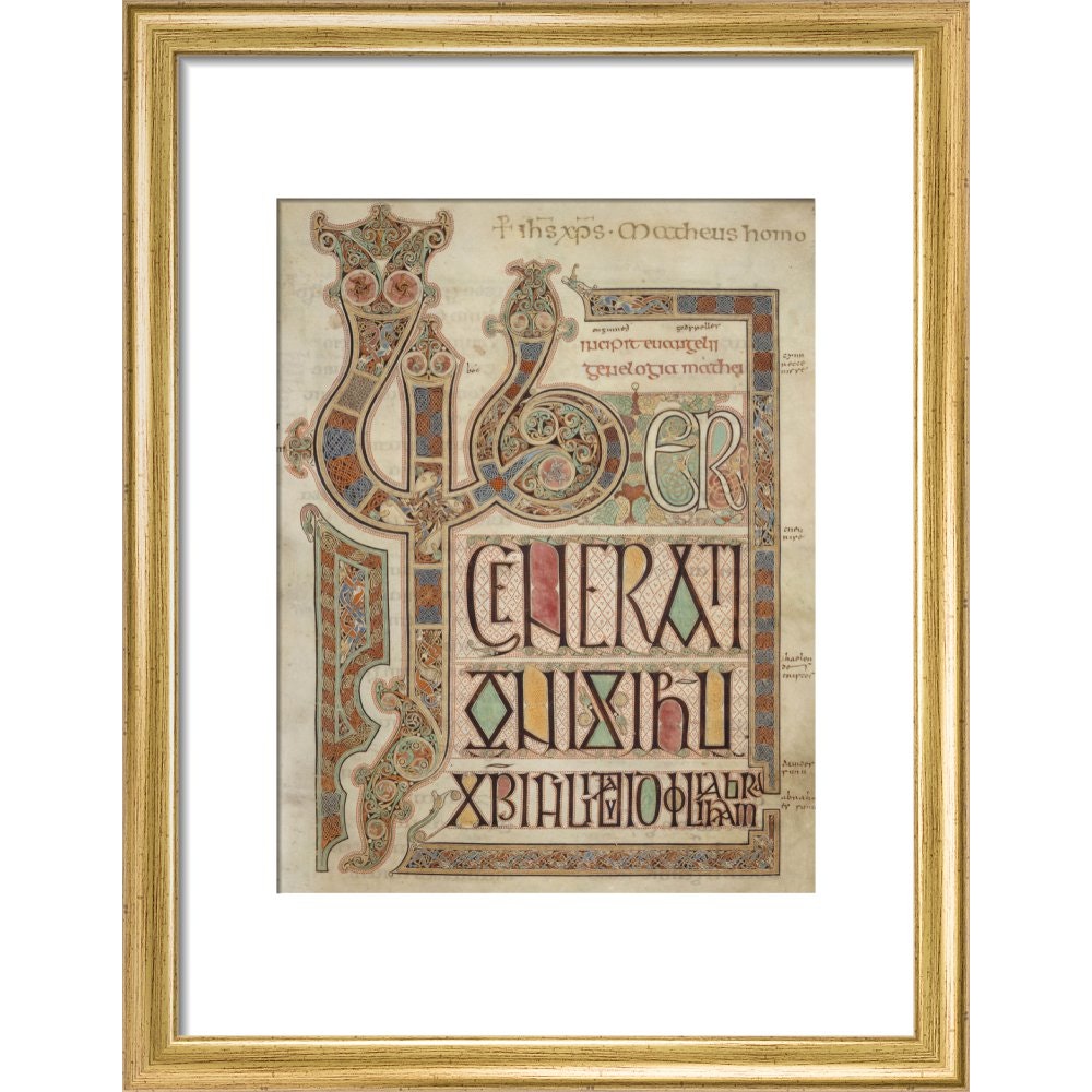 Incipit page of St. Matthew's Gospel print in gold frame