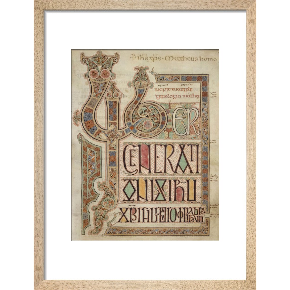 Incipit page of St. Matthew's Gospel print in natural frame