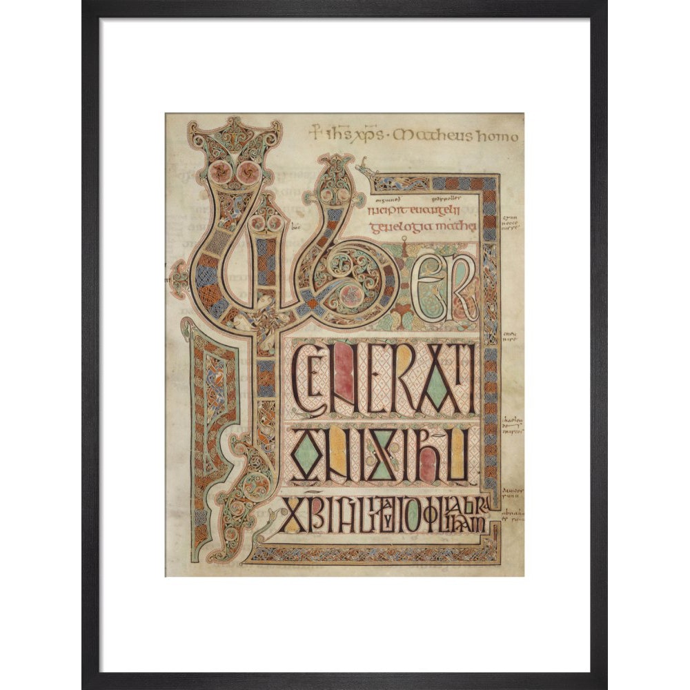 Incipit page of St. Matthew's Gospel print in black frame