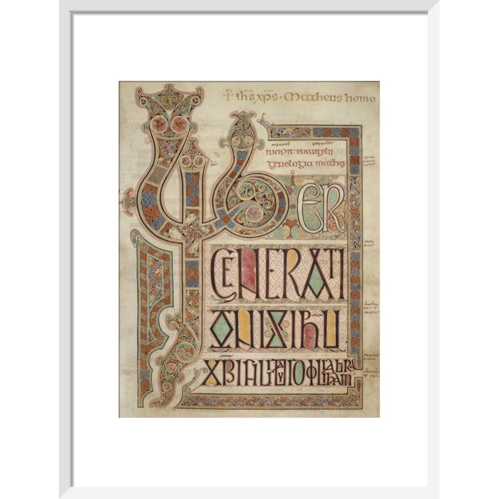 Incipit page of St. Matthew's Gospel print in white frame