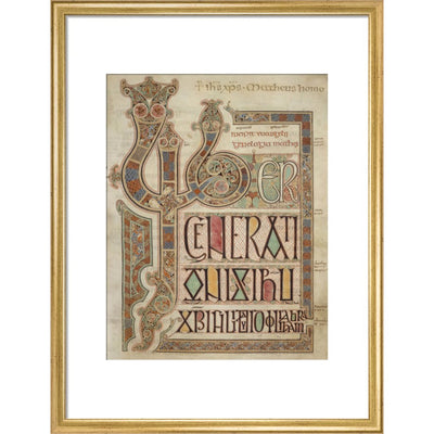 Incipit page of St. Matthew's Gospel print in gold frame