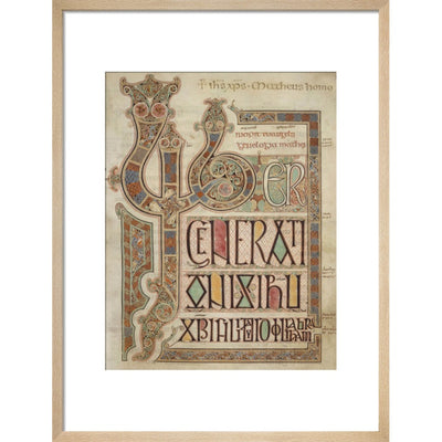 Incipit page of St. Matthew's Gospel print in natural frame