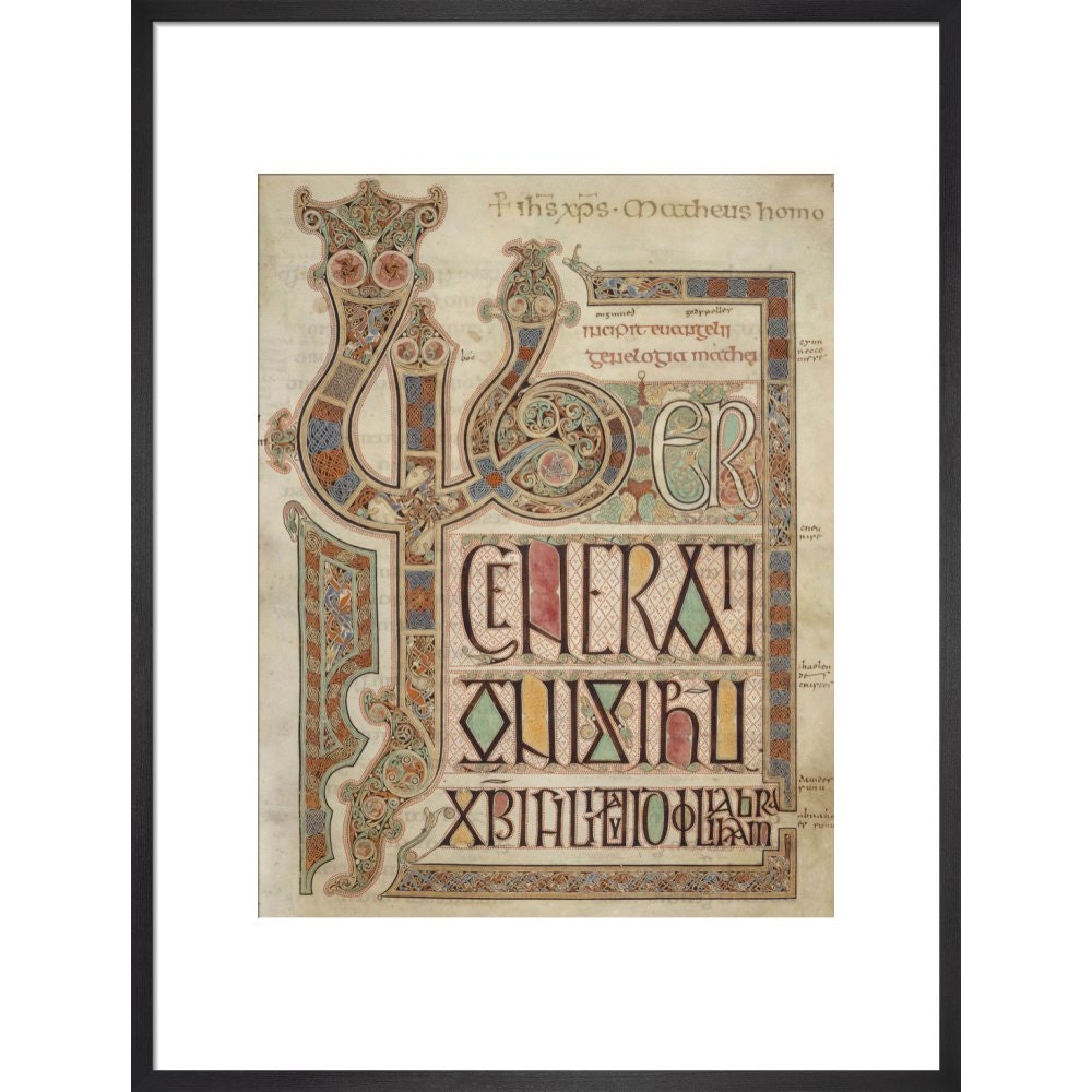 Incipit page of St. Matthew's Gospel print in black frame