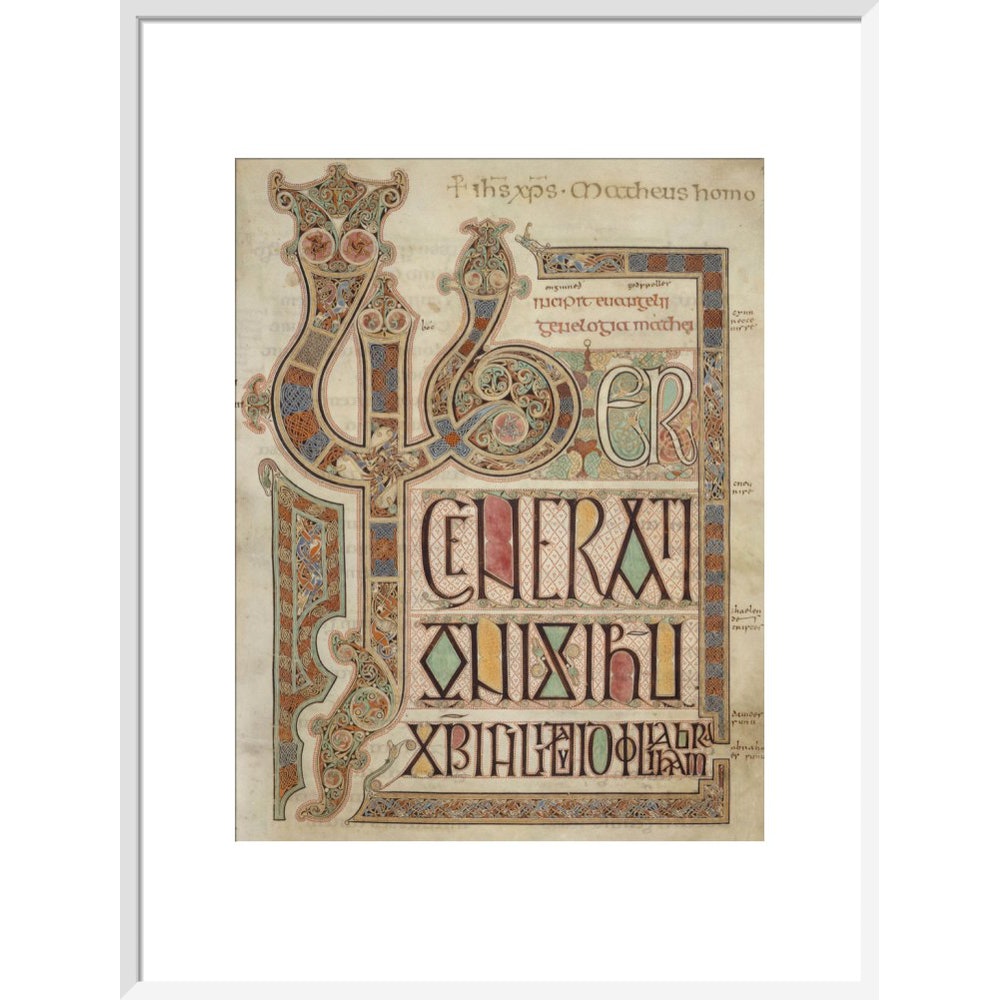 Incipit page of St. Matthew's Gospel print in white frame