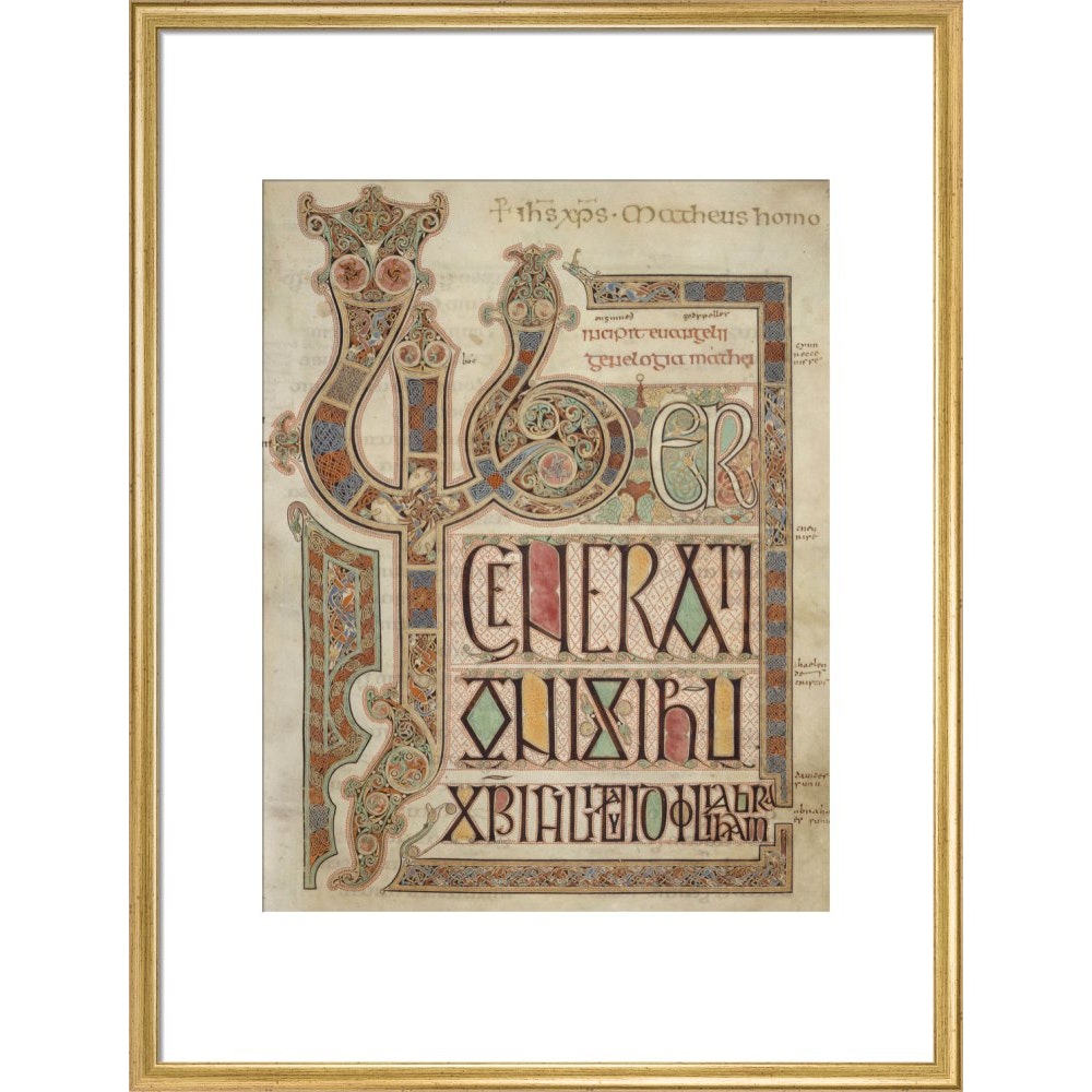 Incipit page of St. Matthew's Gospel print in gold frame