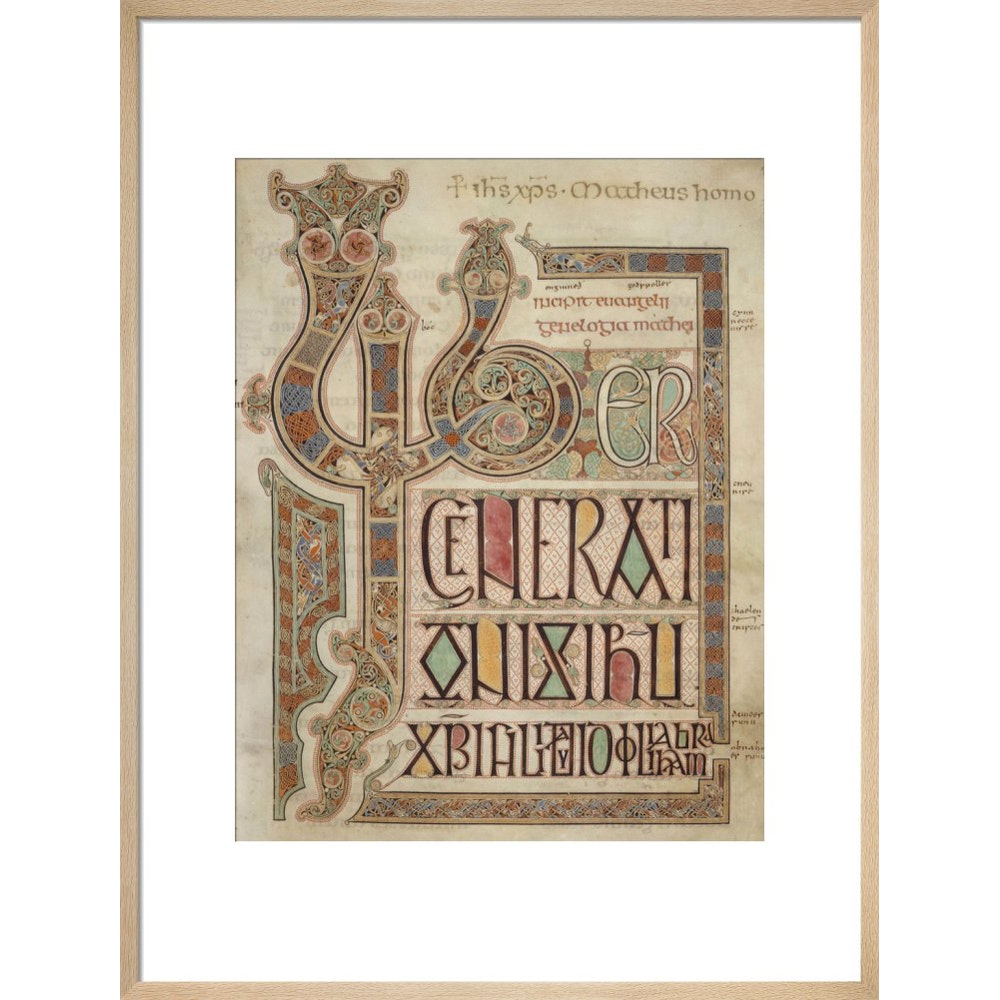Incipit page of St. Matthew's Gospel print in natural frame