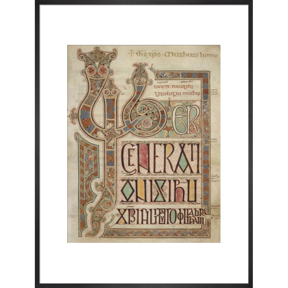 Incipit page of St. Matthew's Gospel print in black frame