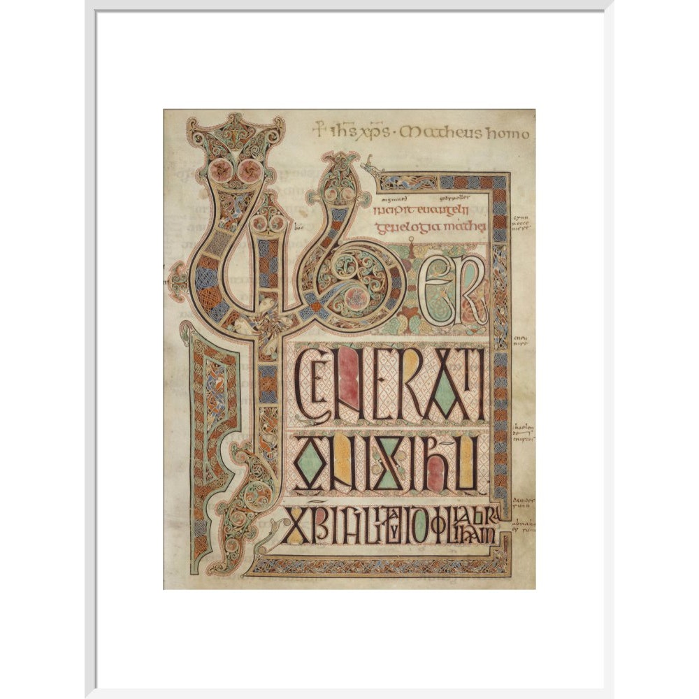Incipit page of St. Matthew's Gospel print in white frame