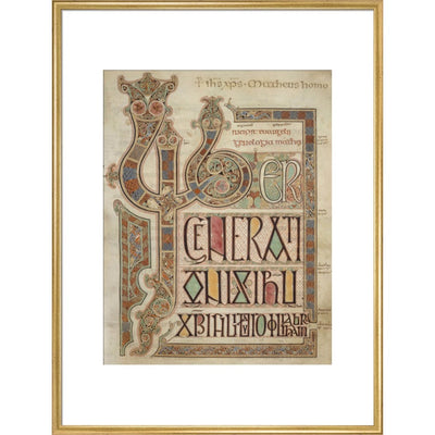 Incipit page of St. Matthew's Gospel print in gold frame