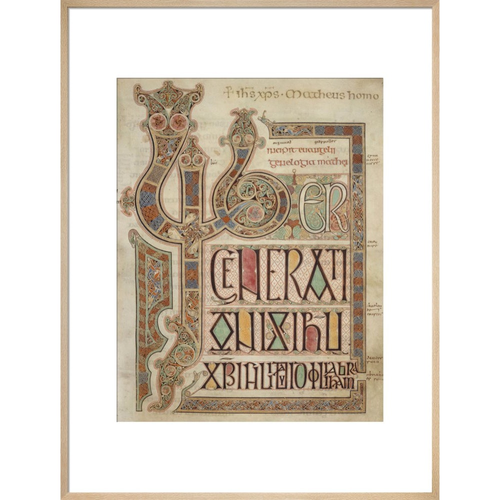 Incipit page of St. Matthew's Gospel print in natural frame