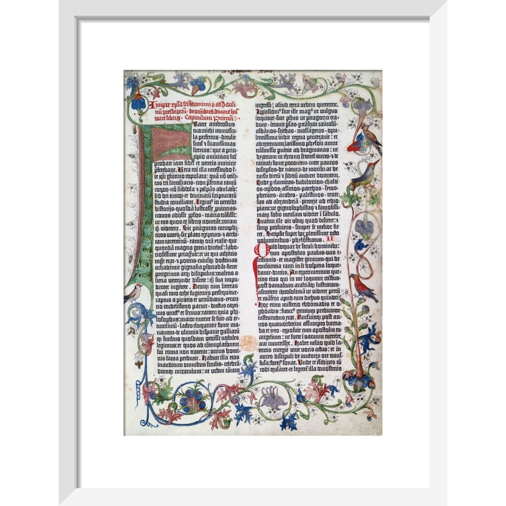 Page from the Gutenberg Bible print in white frame