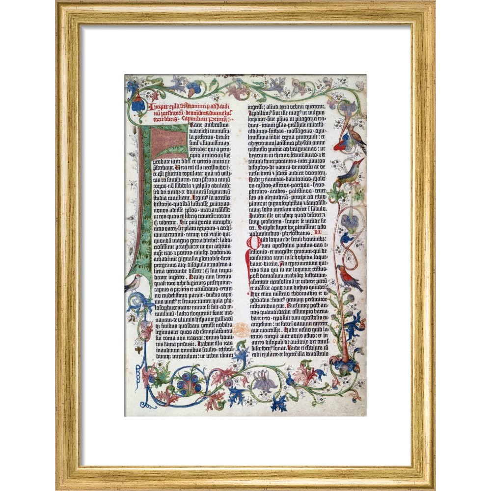 Page from the Gutenberg Bible print in gold frame