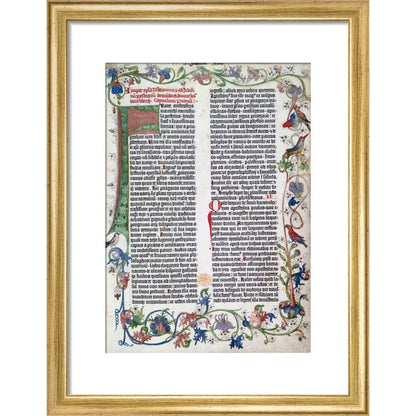 Page from the Gutenberg Bible print in gold frame