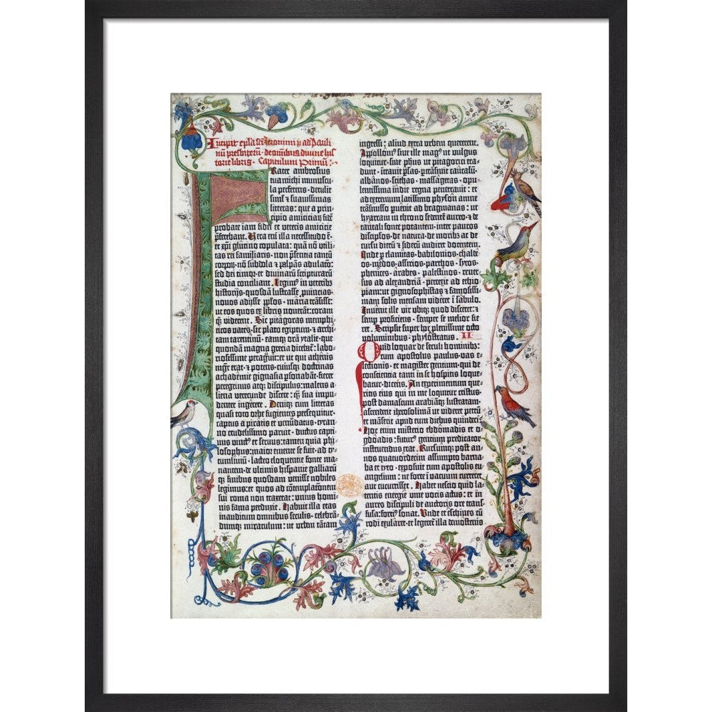 Page from the Gutenberg Bible print in black frame
