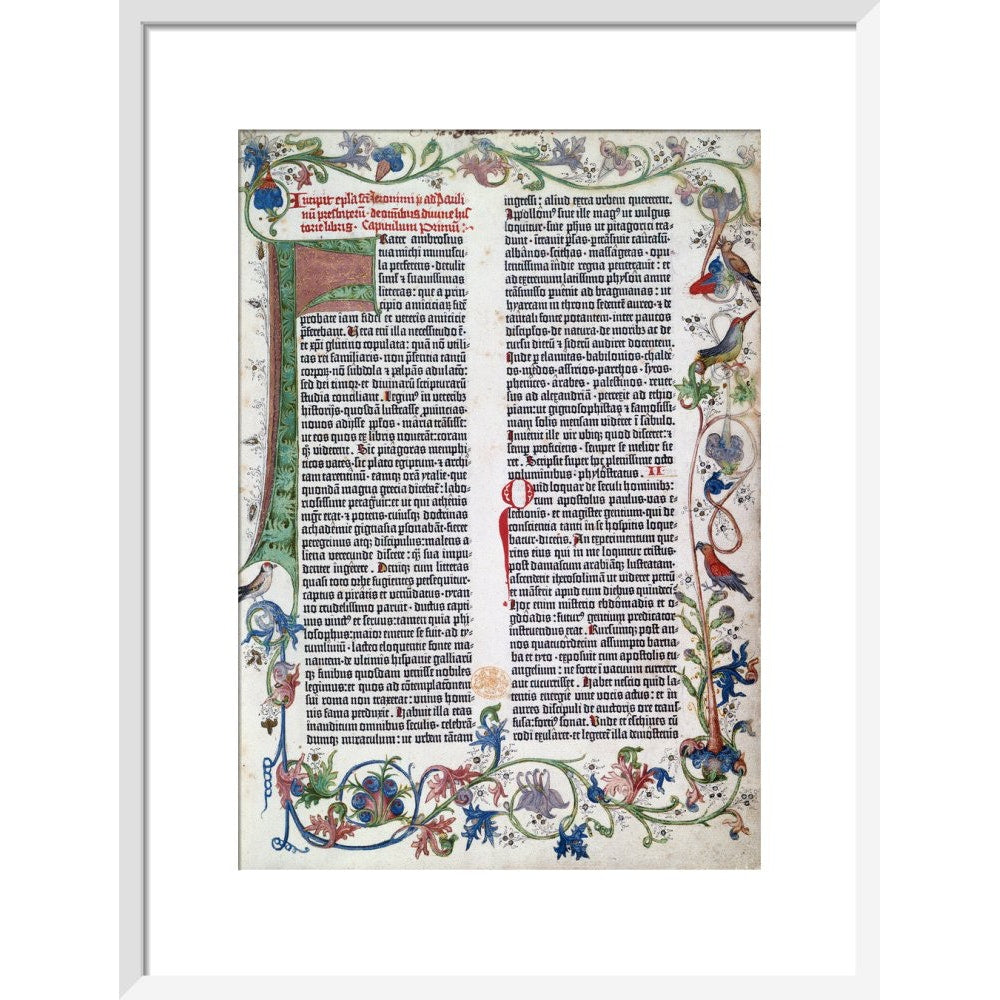 Page from the Gutenberg Bible print in white frame