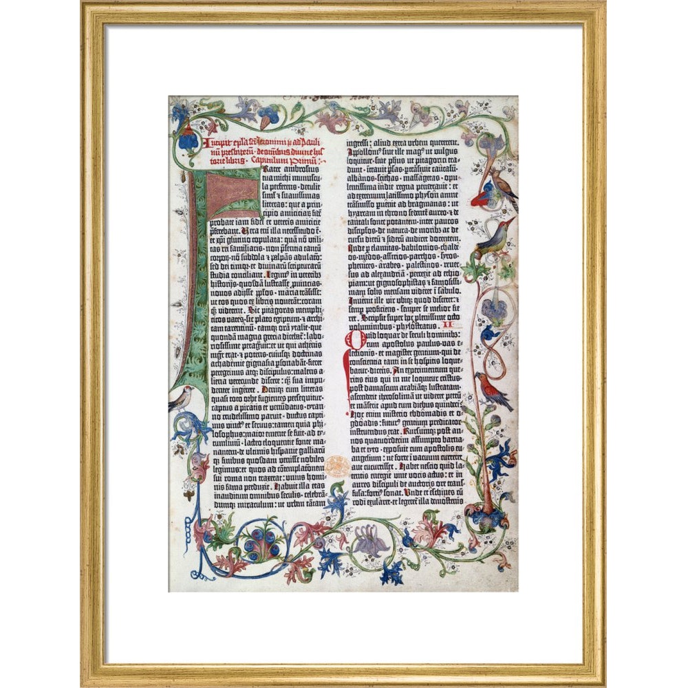 Page from the Gutenberg Bible print in gold frame