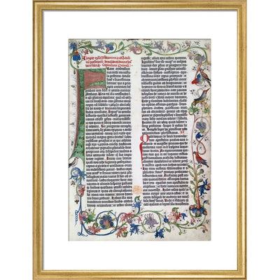Page from the Gutenberg Bible print in gold frame