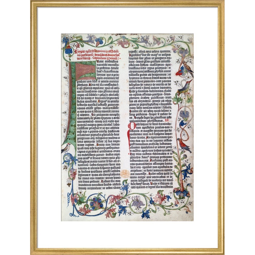 Page from the Gutenberg Bible print in gold frame