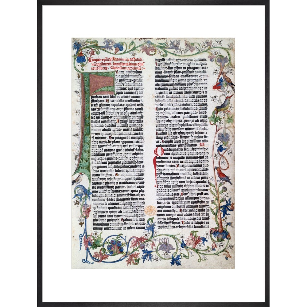 Page from the Gutenberg Bible print in black frame