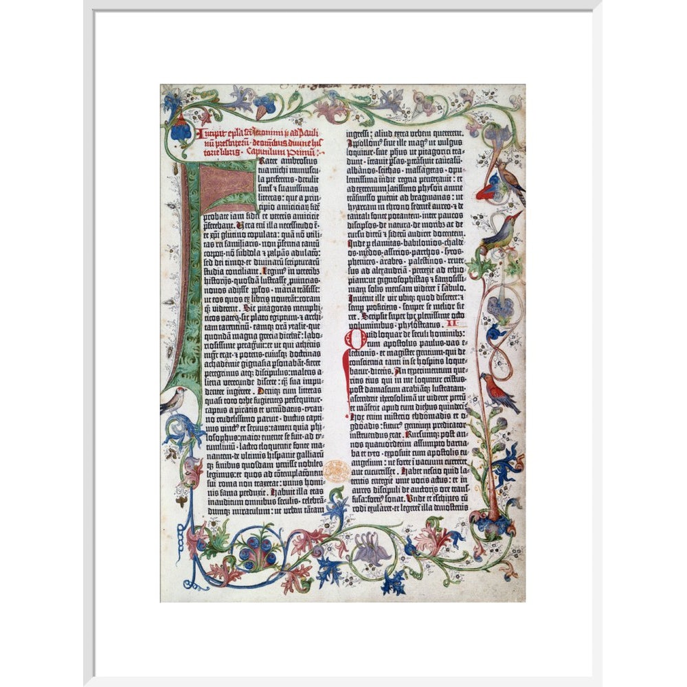 Page from the Gutenberg Bible print in white frame