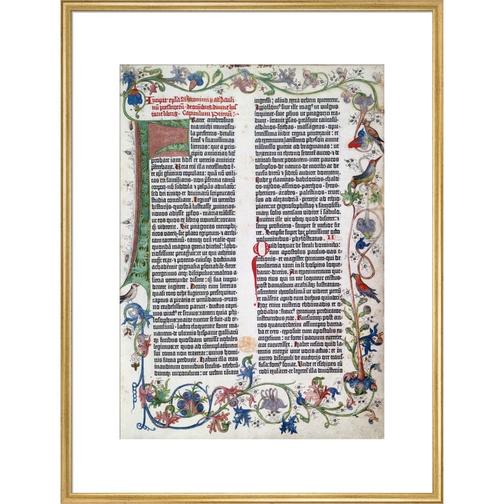 Page from the Gutenberg Bible print in gold frame