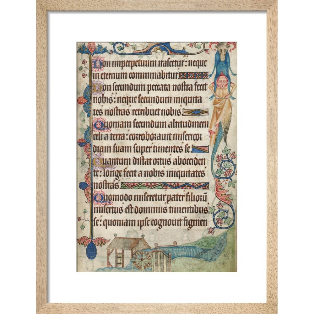 Psalm 103, with a watermill, from the Luttrell Psalter print in natural frame