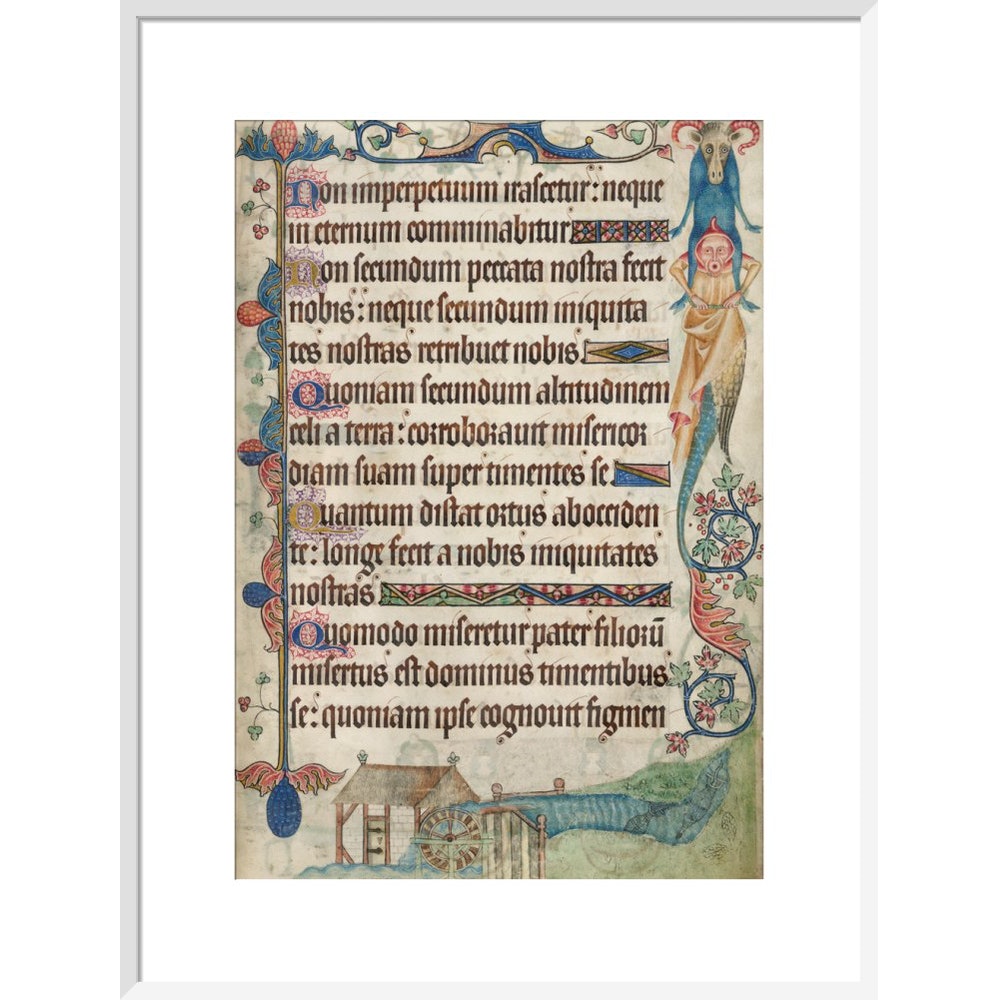 Psalm 103, with a watermill, from the Luttrell Psalter print in white frame
