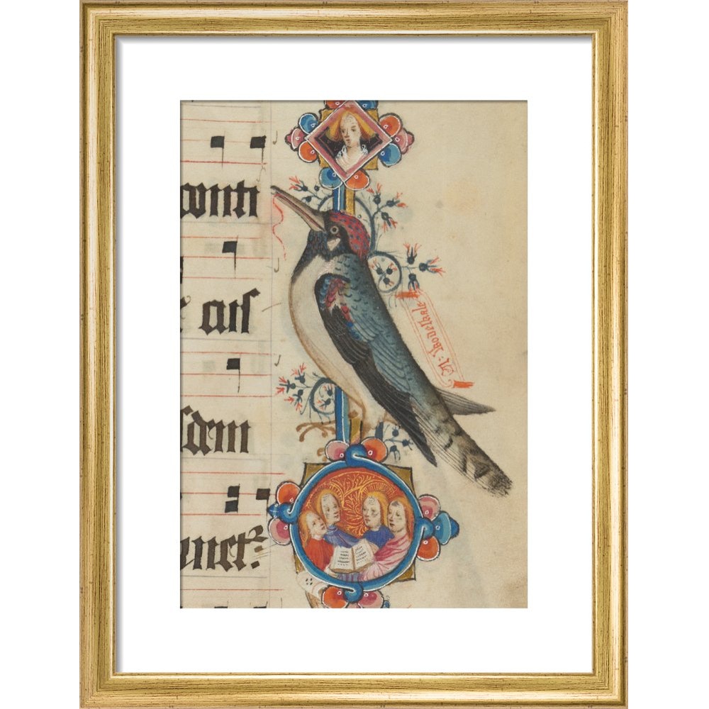 Woodpecker detail from the Sherborne Missal print in gold frame