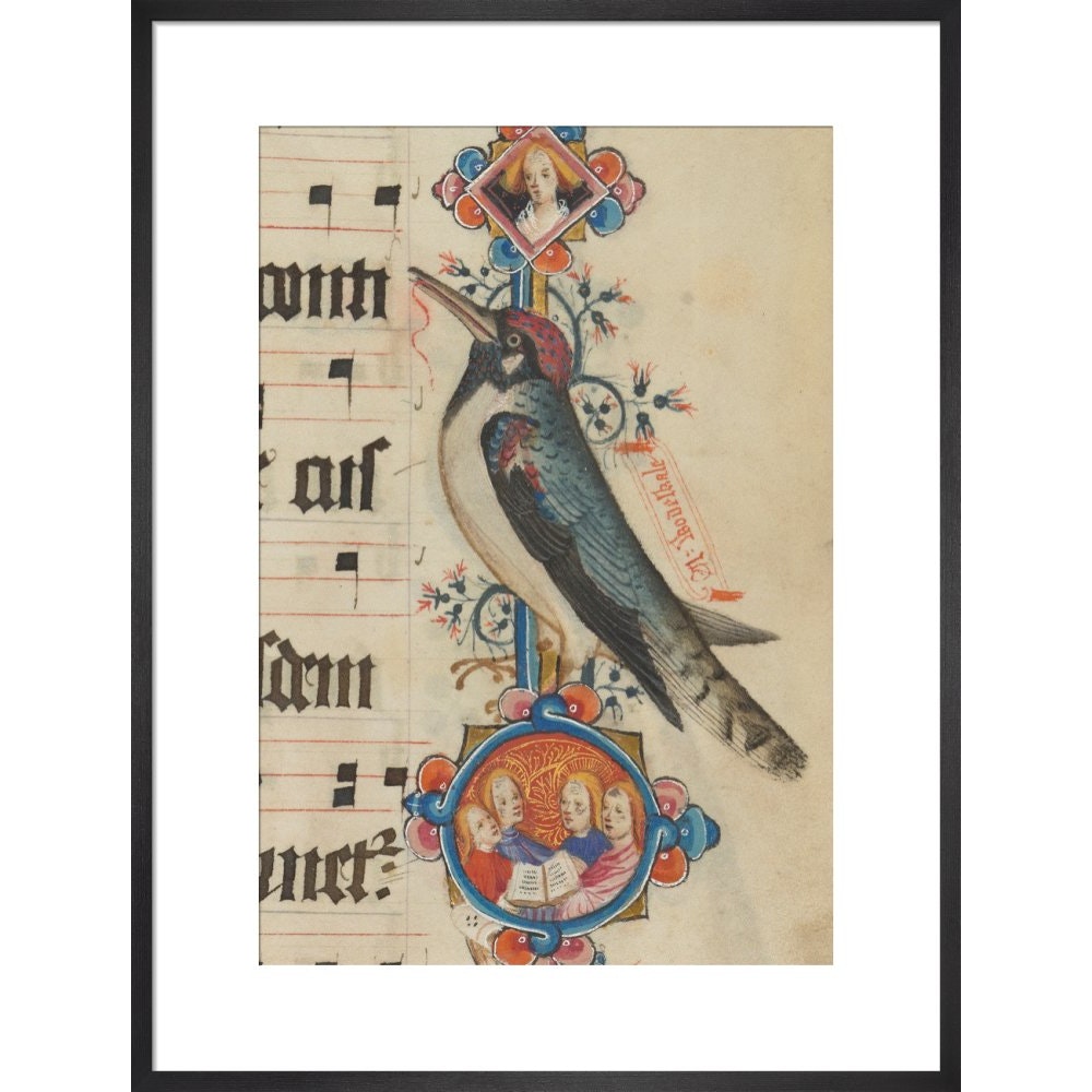 Woodpecker detail from the Sherborne Missal print in black frame