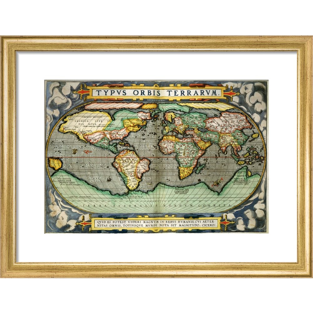 World Map (from Atlas Sive Cosmographica) print in gold frame