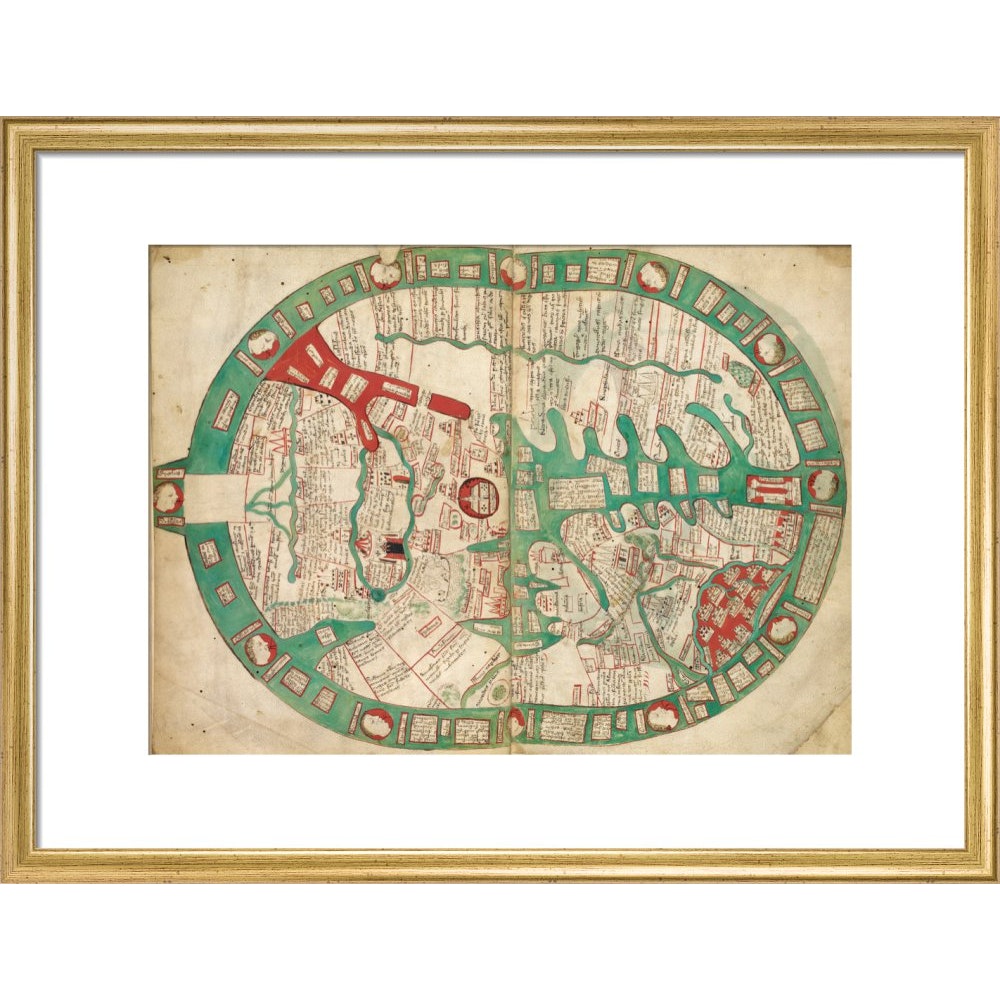 World map from Ranulf Higden's Polychronicon print in gold frame