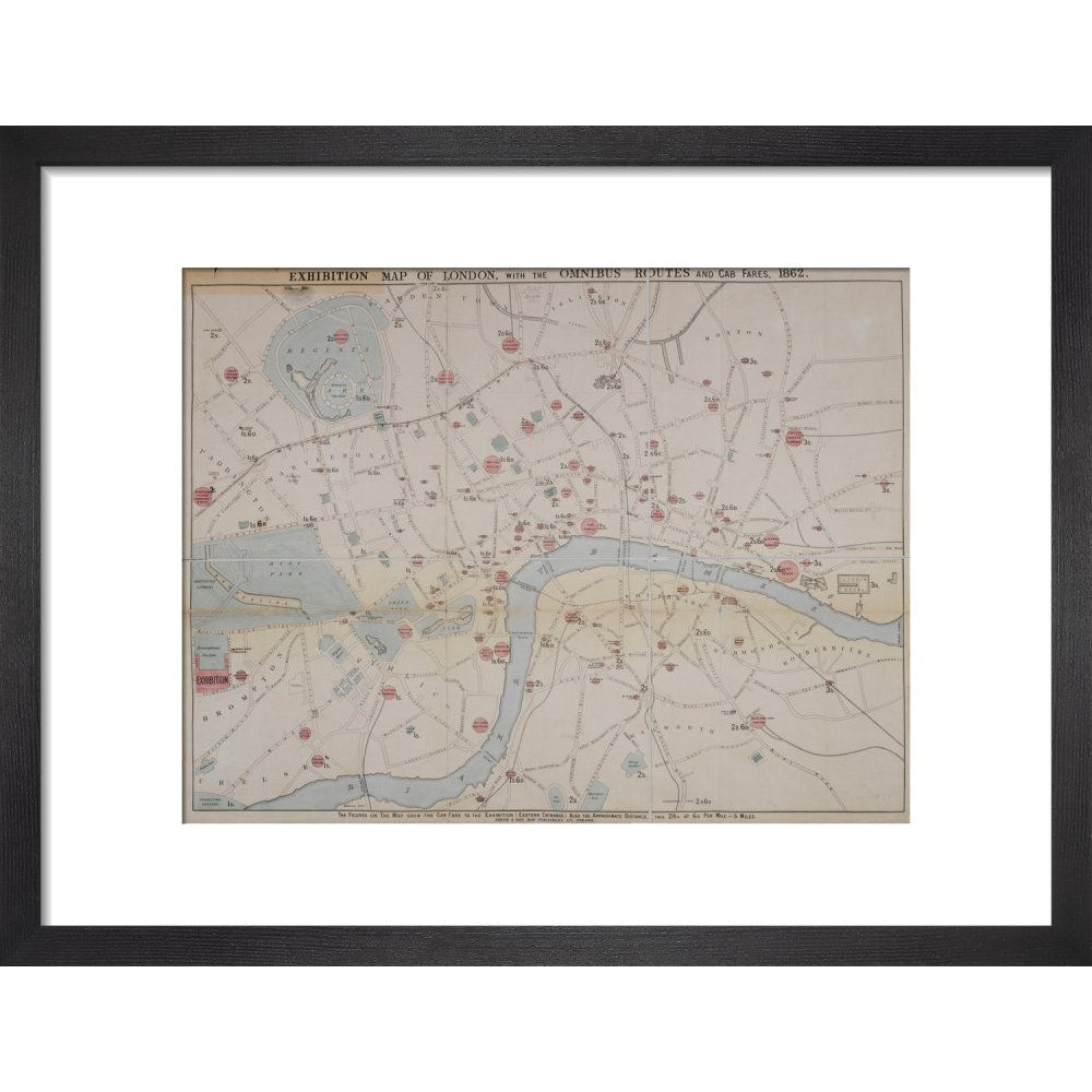 1862 map of London with bus and cab routes print in black frame