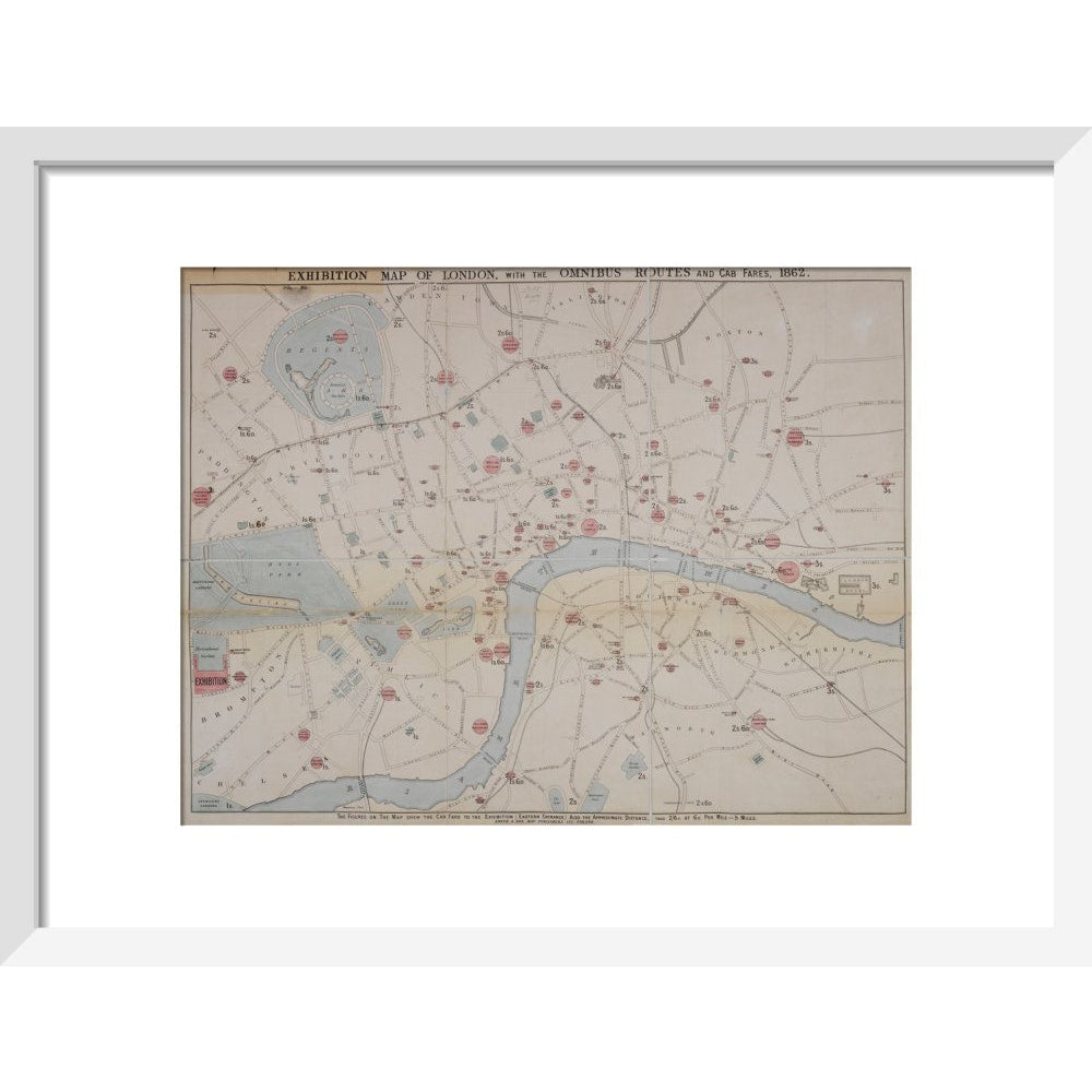 1862 map of London with bus and cab routes print in white frame