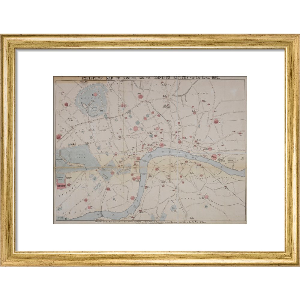 1862 map of London with bus and cab routes print in gold frame